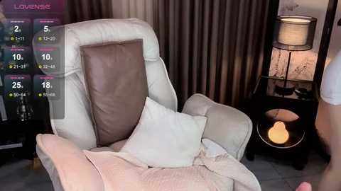 Video of a beige recliner with a brown cushion, draped in a light blanket, in a dimly lit room with a bedside table, a lamp, and dark curtains.