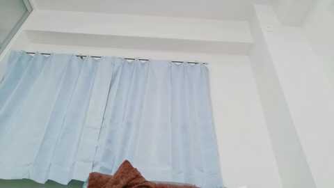Media: A video of a modern, minimalist room with a white ceiling, a light blue curtain, and a brown sofa. The scene is bright and clean, emphasizing simplicity and tranquility.