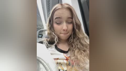 Video of a young woman with long, wavy blonde hair, wearing a black and white shirt, seated on a hospital bed with a tray of food in front of her. She appears tired and contemplative.