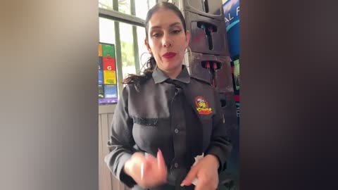 Video of a Latina woman with dark hair and red lipstick, dressed in a dark, long-sleeved shirt with a colorful emblem, standing in a colorful toy store.
