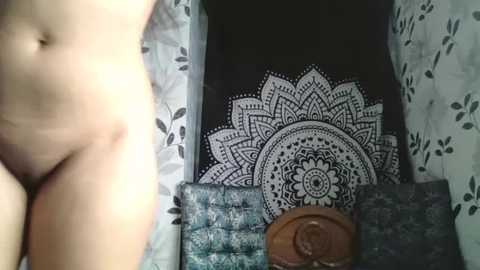 A video of a naked person with light skin, partially visible from the waist down, standing in front of a mandala tapestry and floral-patterned curtains.