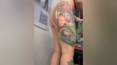 Video of a tattooed woman's upper thigh, showcasing a vibrant, detailed tattoo of a woman's face with a snake. The background is a blurred indoor scene with a white wall.