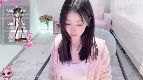 Video of a young Asian woman with long black hair, wearing a pink cardigan, sitting in a modern living room with a glass coffee table, pink flowers, and a white bed in the background.