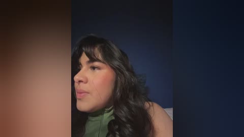 Media: A video of a woman with wavy, dark hair, wearing a green shirt, with a close-up of her face. The background is a dark blue wall.