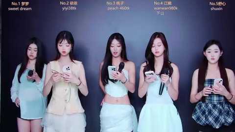 Video of five Korean women, dressed in casual, light-colored outfits, holding smartphones, standing against a dark background.