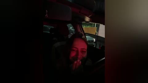 Media: Video of a dimly lit car interior, showing a woman with long brown hair, wearing dark clothing, with red light highlighting her face.