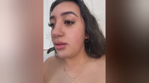 Video of a young woman with medium skin tone and long, dark hair, applying makeup. She has a slender physique, wearing hoop earrings and a gold necklace.