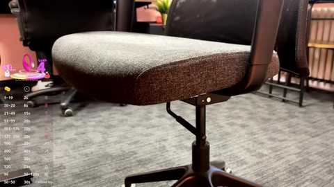 Video of an office chair with a grey fabric seat and a brown mesh backrest, set on a grey carpeted floor. The background features a desk with a computer monitor, papers, and a pink toy, creating a casual work environment.