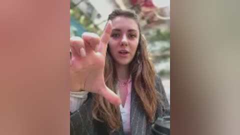 A video of a young woman with long brown hair, light skin, and a V-sign gesture in a blurry, sunlit urban background.