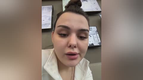 Media: Video of a young woman with light skin, brown hair, and a white jacket, looking down with a slightly open mouth, in a room with architectural drawings on the wall.