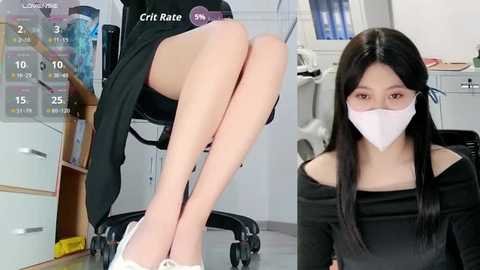 Video of an Asian woman in a black dress, white mask, and white shoes sitting on a chair in a clinical room. Another woman, legs crossed, wearing a black shirt and shorts, is on a chair nearby.