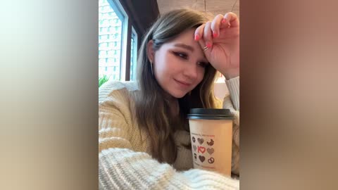 Video of a young Caucasian woman with long brown hair, wearing a cream sweater, holding a coffee cup with hearts design, smiling, seated indoors with natural light.