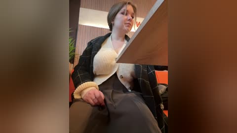 Video of a woman with short brown hair, wearing a beige sweater and plaid jacket, sitting in an orange chair, with her legs crossed.