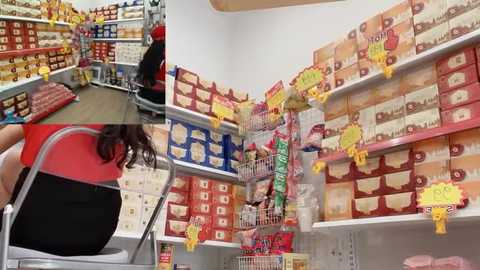 Video of a supermarket aisle densely packed with various boxed items, including crackers and cookies, on shelves. A person in a red shirt is seen in the background.