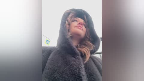 Video of a smiling woman wearing a dark, furry hooded coat, her light brown hair peeking out. The background is blurred, featuring a road sign and a car interior.