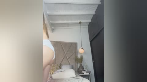 Video of a modern bedroom with white ceiling, wooden beams, beige wall, large bed with light bedding, decorative potted plants, and a hanging light fixture.