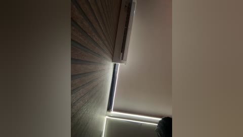 Video of a dark hallway with a narrow, bright window at the end, casting a spotlight on the rough-textured, wooden wall. The ceiling is white, and the lighting is dim, creating a stark contrast between light and shadow.