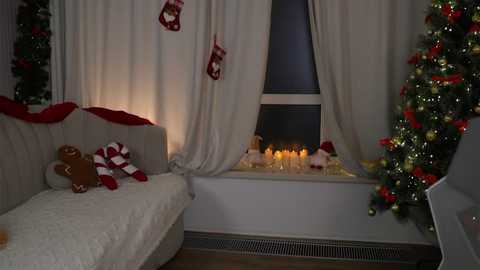 A cozy Christmas photo of a living room with a lit fireplace, a white sofa, red stockings, a decorated tree, and a lit menorah.