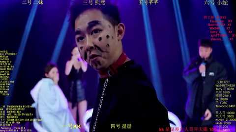 Video of an Asian man with dark hair and facial markings, wearing a black jacket, standing in a dark, blue-lit stage with other performers in the background.