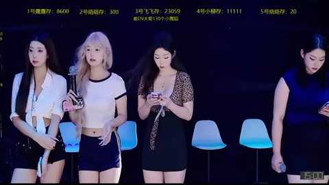 Video of four women in stylish outfits, three in short-sleeve tops and one in a leopard-print blouse, seated at a dimly lit table, watching a phone.