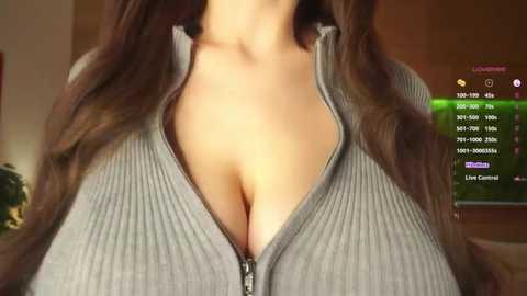 A video of a woman's cleavage in a gray ribbed zip-up sweater, revealing ample cleavage. The background shows a TV displaying a program schedule with green and purple text.
