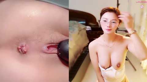 Video juxtaposing close-up of a woman's vulva with a nude woman in a bedroom, both light-skinned, suggesting a connection.