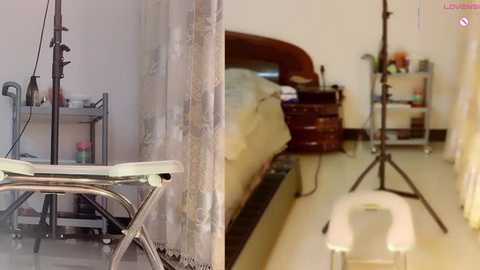 Media: A video showing a dimly lit, minimalist hospital room with a bed, a white chair, a metal table, and a medical equipment stand. The walls are cream-colored, and the floor is polished.