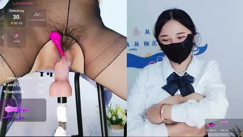 A side-by-side video featuring an Asian woman using a pink vibrator on her genitals while wearing sheer black stockings and a face mask, and a close-up of her in a lab coat.