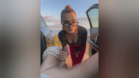 A video of a blonde woman with glasses and a braided ponytail, wearing a black and red top, leans into a car window, while a man's hand is visible inside. The background features a scenic, sunlit landscape.