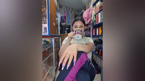 Media: Video of a young woman with dark hair and light skin, wearing a gray shirt and purple pants, sitting in a cluttered room. She holds a colorful mug to her face.