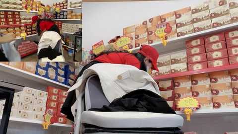 Video of a red-capped woman in a white coat, perched on a chair, surrounded by neatly stacked boxes of chocolate and pastries in a brightly lit store.