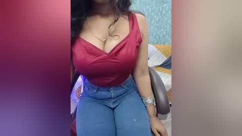 Video of a woman with medium brown skin, long black hair, wearing a tight red V-neck top and high-waisted blue jeans, sitting in a room with blue textured wallpaper and a desk with papers.