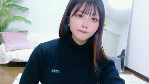 Video of a young Asian woman with long black hair, wearing a black Calvin Klein turtleneck, standing in a bright, minimalist bedroom with white walls, a bed, and a potted plant.