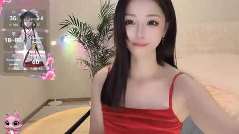 A video of an East Asian woman with long black hair, fair skin, and a slender physique, wearing a red spaghetti-strap top, smiling in a modern bedroom with a digital clock and a potted plant.