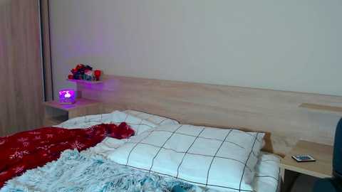 A video of a modern bedroom with a light wooden headboard, a red and white bedspread, a fluffy blue blanket, a bedside table, a purple lamp, and a bowl of colorful toys.