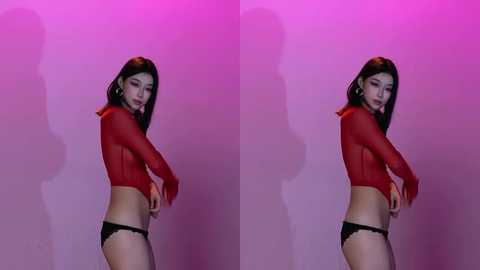 Video of an Asian woman with long black hair, wearing a red mesh top and black lace panties, striking a pose against a purple-lit background.