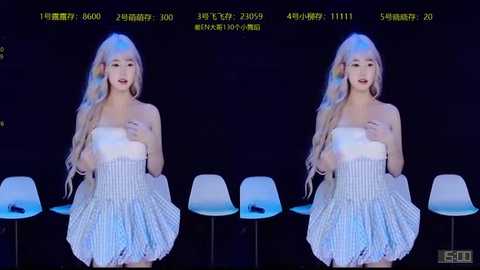 Video of an East Asian woman with long, wavy platinum blonde hair, wearing a white, puffed-sleeve dress, standing in front of three white chairs against a dark background.