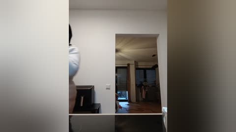 A video of a modern, minimalist living room with a large mirror reflecting a person in white clothing, a kitchen with wooden floors, and a wall-mounted television.