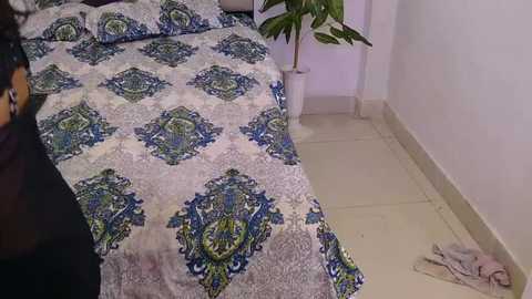 Video of a bedroom with a bed covered in a blue and green paisley-patterned duvet and pillows. A potted plant stands beside the bed on a cream-colored tiled floor. A pair of white socks lies on the floor.