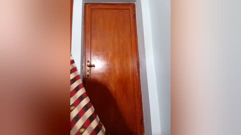 Video of a wooden door with a brass handle, set in a narrow, beige-walled corridor. A striped, beige and red cloth hangs to the left.
