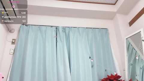 Video of a hospital room with light blue curtains drawn, a white ceiling with recessed lights, and a bedside table with a red poinsettia plant.