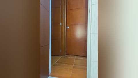 Video of a narrow hallway with light beige walls and a wooden door with horizontal panels. The floor is tiled in a warm brown hue. The lighting is soft, casting a gentle glow.