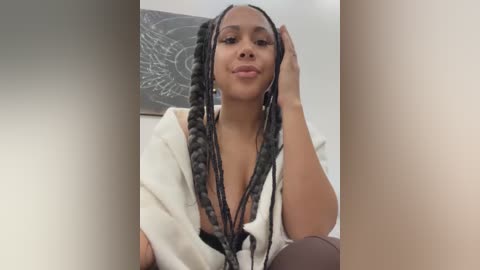 Video of a light-skinned Black woman with braided hair, wearing a white robe, sitting indoors. Her face is relaxed, and she touches her hair with her right hand.