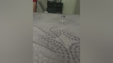 A video shows a beige bedspread with a floral pattern, partially wrinkled. In the background, a person in a red shirt is standing next to a dresser with a closed door. The room has a muted, neutral color scheme.