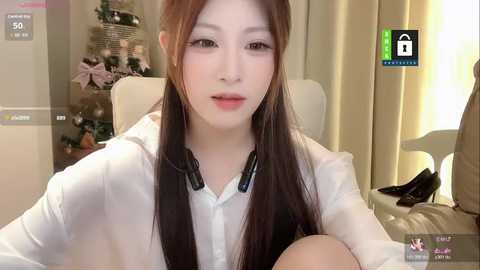 Media: A video of an East Asian woman with long, straight brown hair, fair skin, and light makeup, wearing a white blouse, seated in a modern room with a Christmas tree and a white chair.