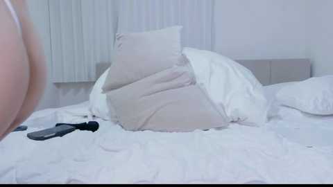 A video of a disheveled bed with white sheets, a beige pillow, and a black remote control on the left. The background features vertical blinds and a minimalist, white room.