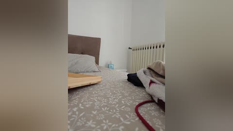 Video of a minimalist bedroom with a beige floral carpet, a white radiator, a brown headboard, a folded blanket, and a wooden tray. The room is sparsely furnished, with soft, muted colors.