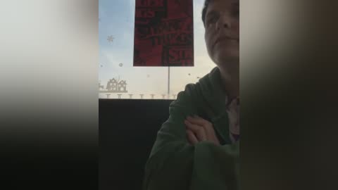 A dimly lit video of a middle-aged Asian man with short black hair, wearing a green jacket, partially obscured by a foggy window, with a red banner displaying Chinese characters in the background.