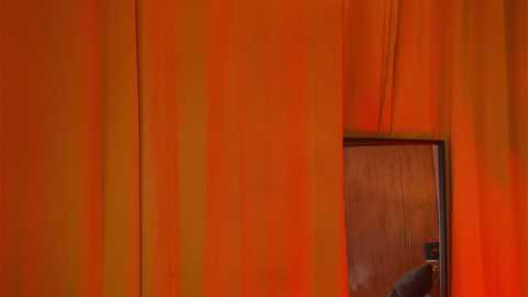 A video of a dimly lit room with an orange curtain, featuring a small mirror reflecting a faint, blurred image of a person in the background. The scene exudes a warm, cozy ambiance.