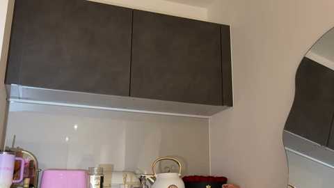 Video of a modern kitchen with dark gray wooden cabinets, stainless steel handles, and a white kettle on a beige countertop. A pink mug and a glass jar are on the left, with a red dish on the right.